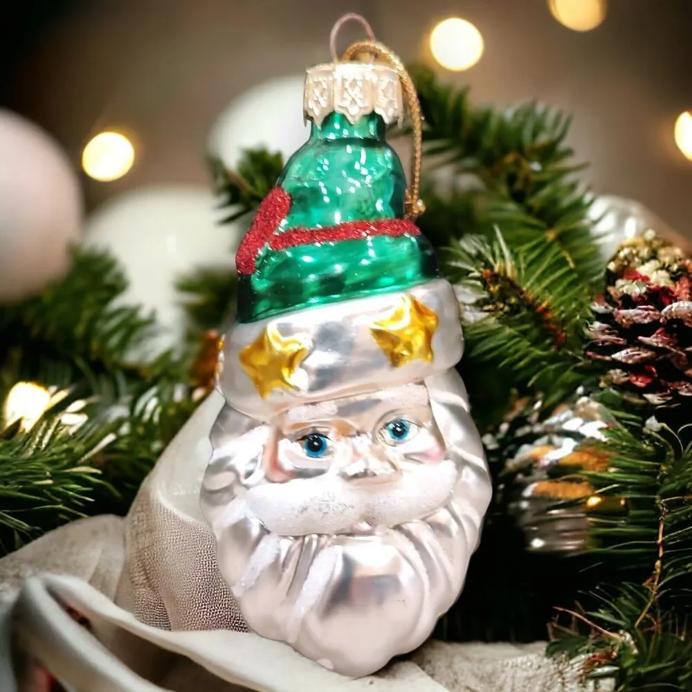 Blue Eyed Green Hat Santa Christmas Ornament Hand Blown Glass Thomas Pacconi 02